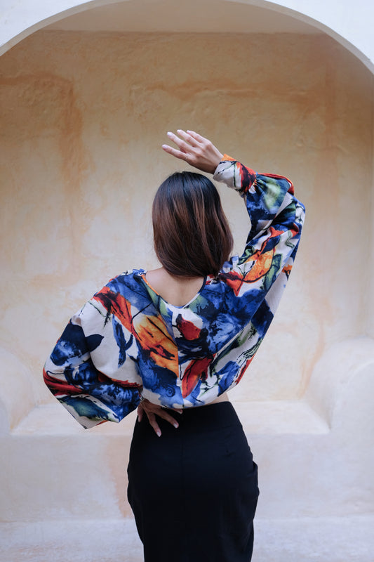 Flores Long Sleeve Jacket Top in Blue